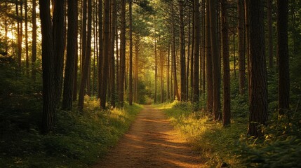 Close-up of a peaceful forest path with tall, dense trees on either side and soft, golden light