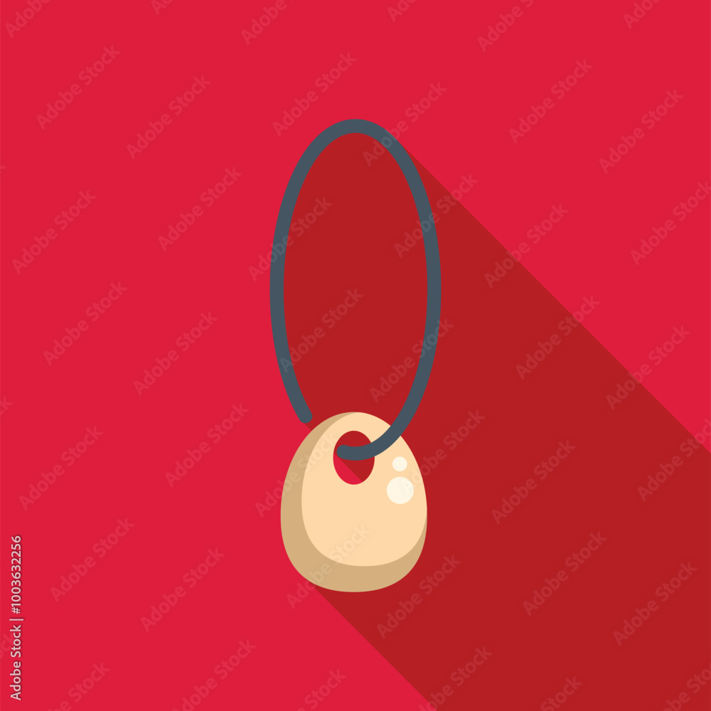Poster oval stone pendant hanging on a string icon in flat style on a red background
