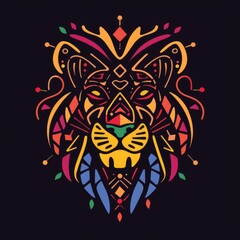 Fototapeta premium A striking geometric lion head illustration featuring vibrant tribal patterns and bold colors on a black background, perfect for modern and artistic designs.