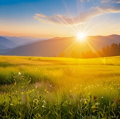 Beautiful sunrise in the mountain..Meadow landscape refreshment with sunray and golden bokeh.