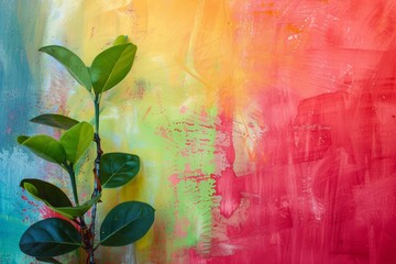 A green plant stands out against a vibrant, abstract painted wall, perfect for creative design projects and artistic backgrounds.