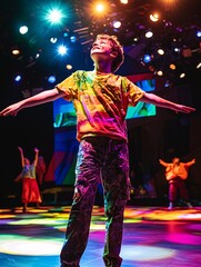 Fototapeta premium A lively young performer practices his lines under glowing lights, surrounded by a kaleidoscope of costumes.