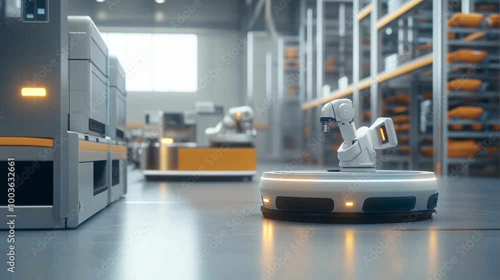 Poster robots transporting goods in a modern warehouse during daylight, showcasing automation in action