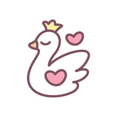 Cute princess swan icon. Hand drawn illustration of a white swan with a crown isolated on a white background. Kawaii sticker. Vector 10 EPS.