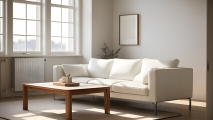A cozy modern living room with a sleek white sofa and a wooden coffee table