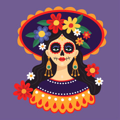 Mexican Day of the dead, Dia de los muertos. Portrait of a woman wearing a sombrero and festive sugar skull makeup. Calavera style. Catarina. Purple background. Vector illustration.