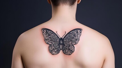 Butterfly tattoo in black and white ink featuring intricate mandala patterns within the wings