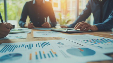 Fototapeta premium Business formal meeting conference discussion with coworker shareholder or client concentrate private ideas data report analysis businesspeople working find solution together in office,ai generat