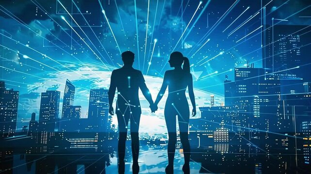 Couple is holding hands, experiencing a world transformed by neural enhancement, with streams of light connecting their minds to the futuristic cityscape