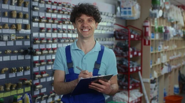 Salesman merchandising and checking plumbing hardware assortment on shop display