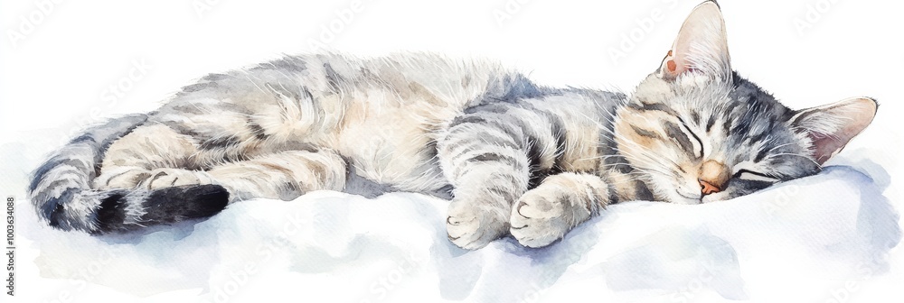 Poster a cozy gray cat peacefully sleeps on a soft white bedspread during a lazy afternoon. generative ai