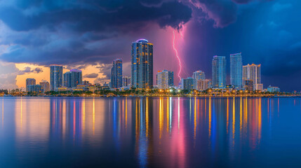 Fototapeta premium Thunderstorm Illuminating the Night Skyline