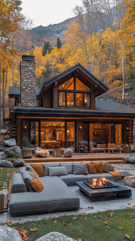 Poster a large log cabin with a fireplace and a patio