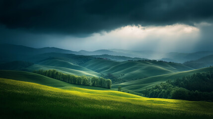 Obraz premium Mystical Rainy Night Over a Landscape of Rolling Hills