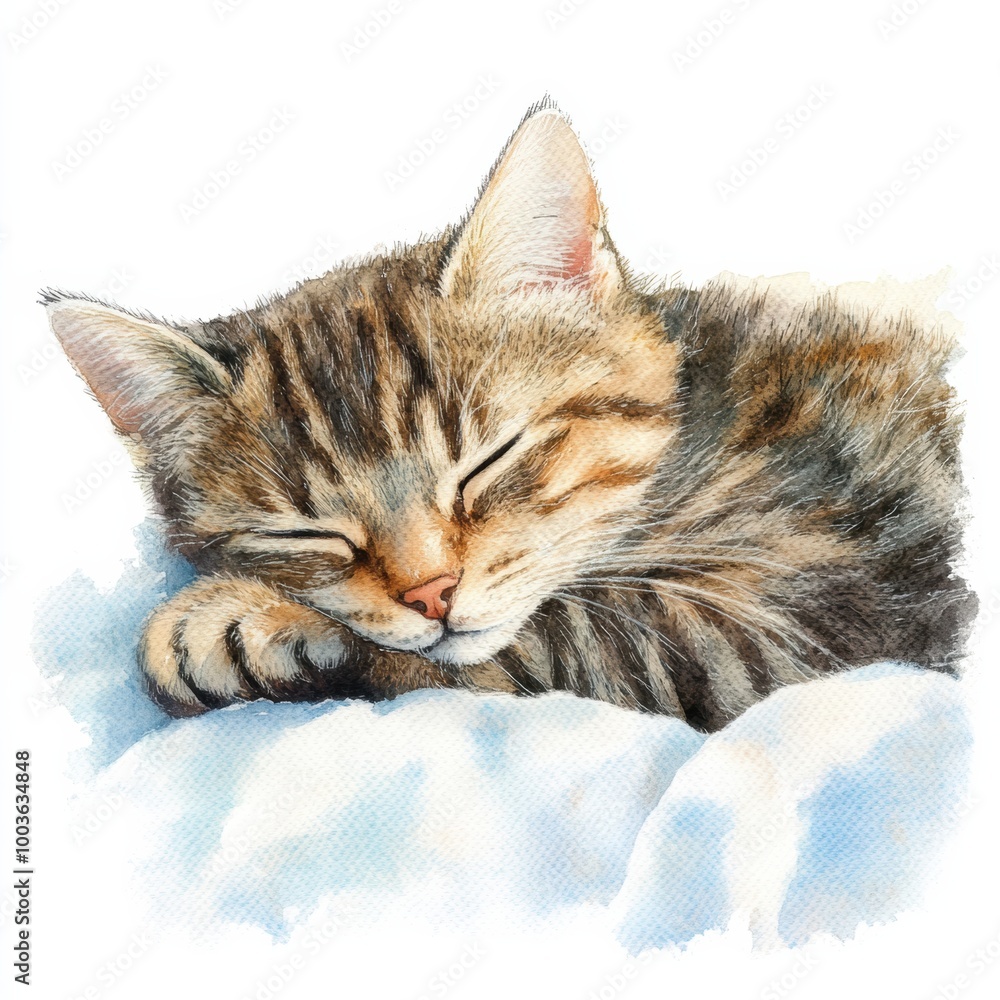 Poster a cozy tabby cat peacefully sleeping on a soft bedspread against a bright white background in a sere