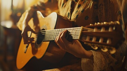Fototapeta premium A talented artist creates enchanting melodies on an old guitar, their fingers gracefully gliding over the strings in a cozy, inviting setting, captured in a striking image.