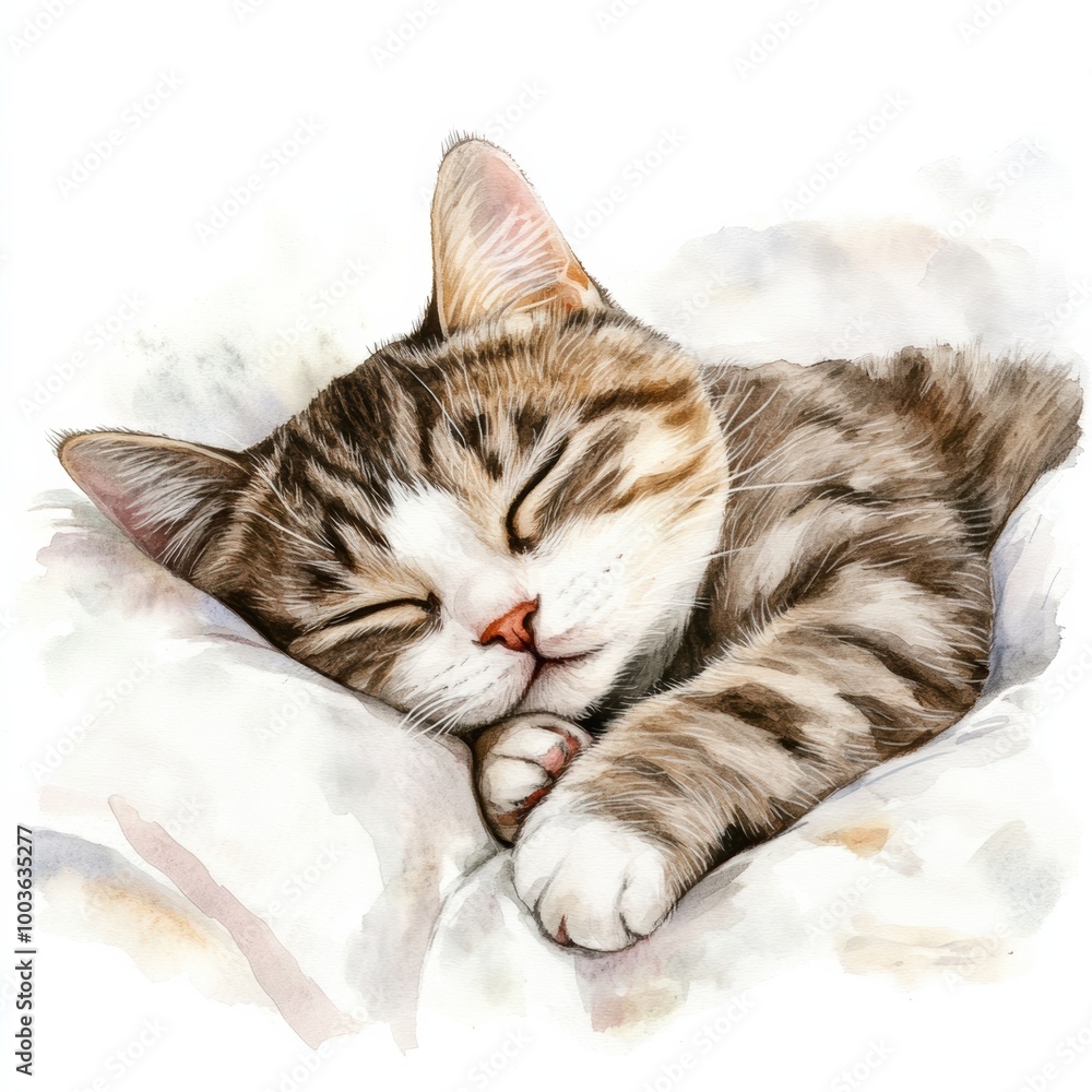 Poster a peaceful sleeping cat curled up on a cozy white bedspread during a calm afternoon rest. generative