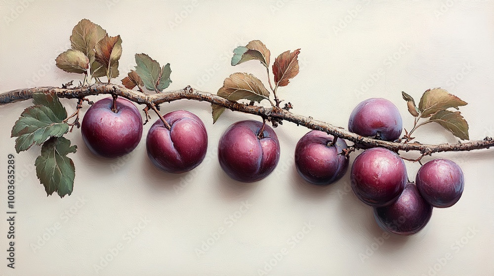 Sticker Close-Up Painting of Ripe Plums on a Branch