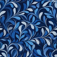 A vibrant, swirling pattern of blue and white leaves on a dark background, creating a soothing and decorative floral design.