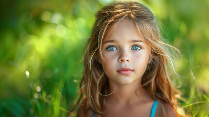 Fototapeta premium Young girl with bright blue eyes and freckles in a green outdoor setting