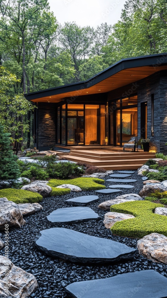 Poster a house with a large yard and a stone path leading to it