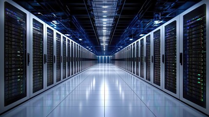 Fototapeta premium Data center featuring four rows of servers, showcasing an organized and high-tech environment for data management.