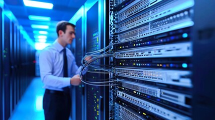Data center interior with IT engineers monitoring servers and network equipment, emphasizing a high-tech environment.