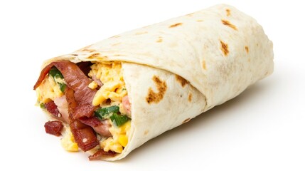 A breakfast burrito on solid white background, single object
