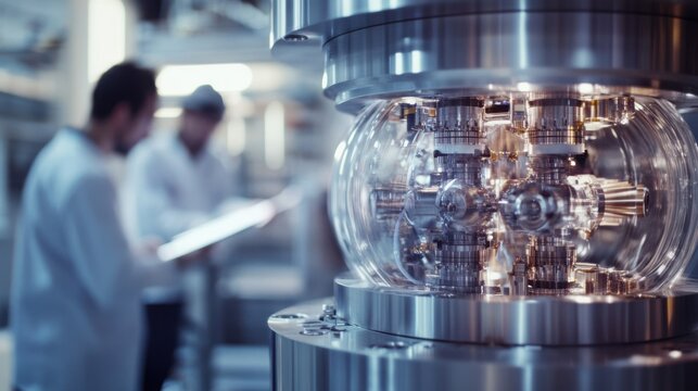Close-up shot of a fusion reactor prototype with intricate details of its structure, while scientists