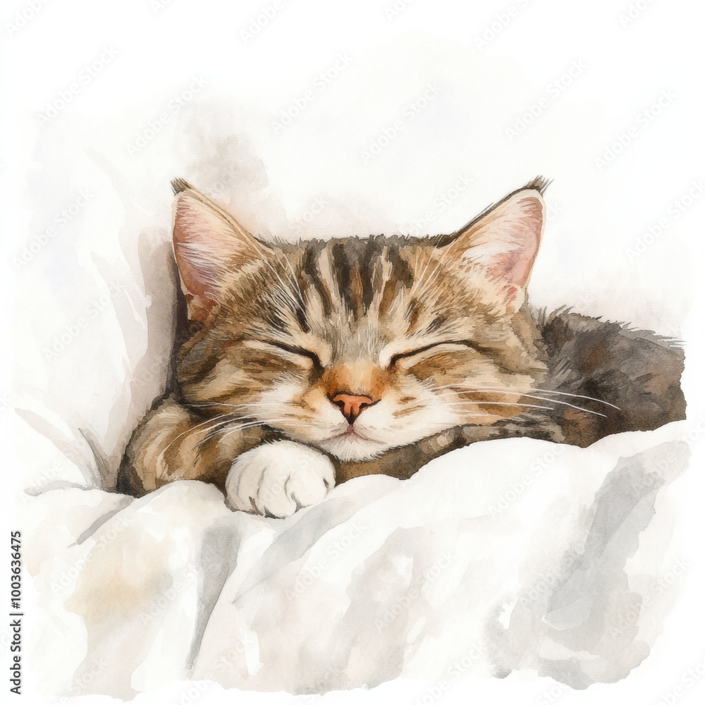 Poster a peaceful cat curled up and sleeping soundly on a soft white bedspread in a cozy indoor setting. ge