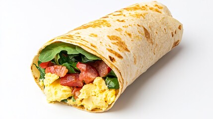 A breakfast wrap with eggs and veggies on solid white background, single object