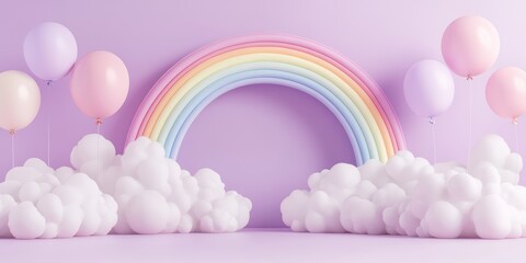 Gentle Pastel Rainbow with Balloons and Clouds