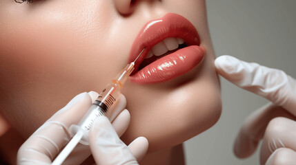 Lip filler injection with gloved hands enhancing glossy lips