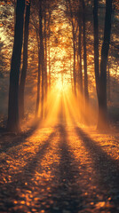 Golden Light Through Forest Trees  Photo