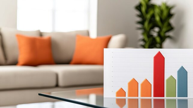 Financial projection charts printed on a glass table, open office with neutral decor, vivid colors, professional lighting, crisp details