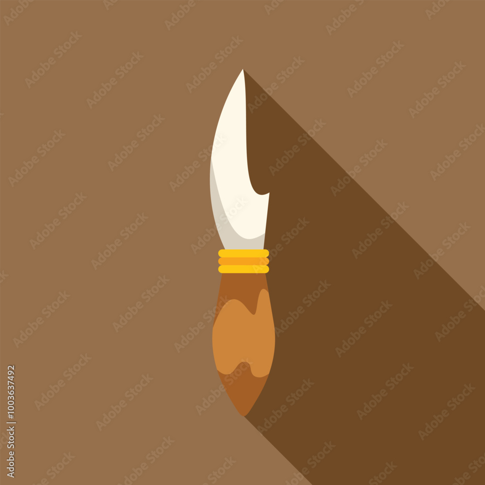 Poster palette knife with wooden handle creating art in flat design with long shadow on brown background