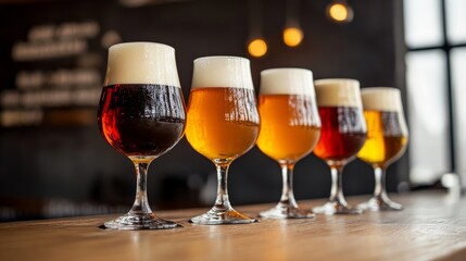 A selection of craft beers displayed on a wooden table in a cozy brewery during the late afternoon hours