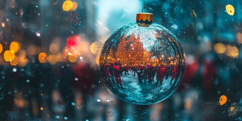A Christmas ornament is reflected in the water. The scene is set in a city with people walking around