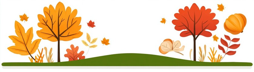 Naklejka premium Rolling hills covered in fall foliage flat design, side view, northern countryside theme, 3D render, Triadic color scheme