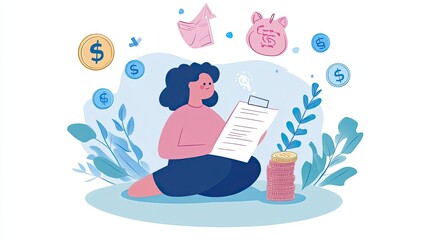 Fototapeta premium Woman reviewing financial documents with dollar signs and piggy bank around her
