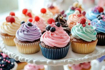 A selection of colorful cupcakes with various frostings and toppings, displayed on a decorative cake stand at a party