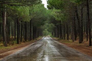 Fototapeta premium Quiet road after rain in pine forest, fresh and rejuvenating