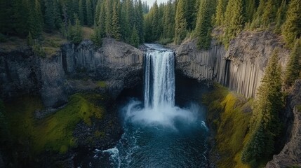 Fototapeta premium A drone shot of a dramatic waterfall flowing into a deep ravine, with rugged cliffs and dense forests surrounding the area.