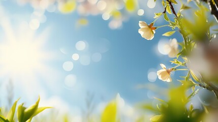 Obraz premium A serene spring scene featuring delicate flowers illuminated by sunlight, creating a soft and peaceful atmosphere.