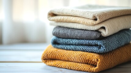 Stack of Folded Knitted Fabric in Warm Colors