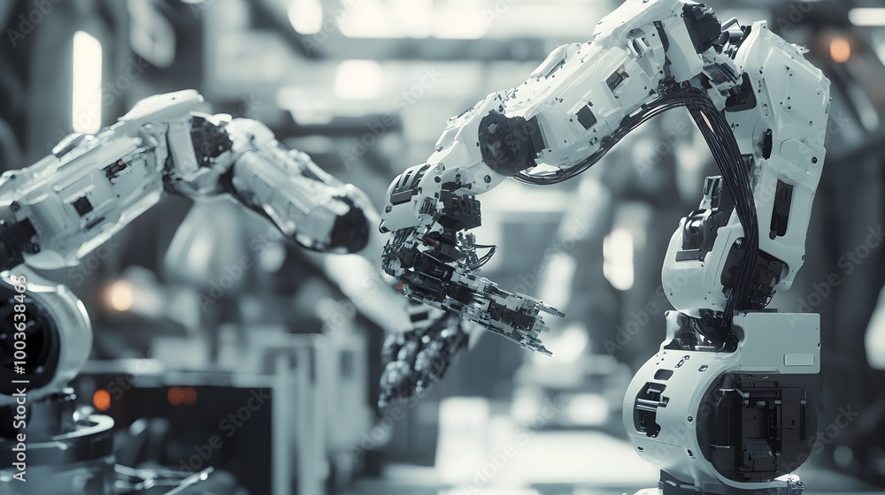 Poster a robot arm is reaching out to grab something. the robot is yellow and has a metallic look to it. th