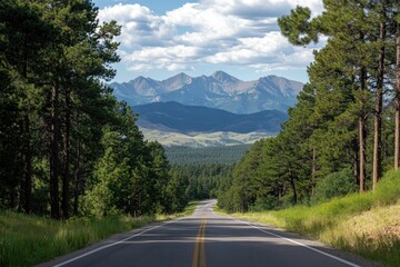Fototapeta premium Road with a distant view of mountains, pine trees framing the scene, majestic and vast