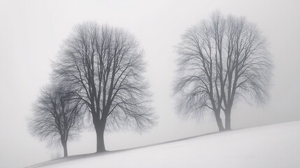 Fototapeta premium Winter landscape with trees, minimalistic, snow-covered ground, foggy, white background,