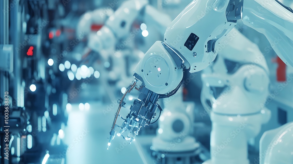 Poster a robot arm is reaching out to grab something. the robot is yellow and has a metallic look to it. th