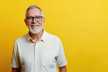 Half body shot of a cheerful older man, wearing glasses, standing against a solid yellow background with room for messaging